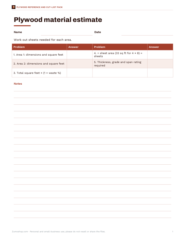 Preview of Printable Plywood Estimate Worksheet