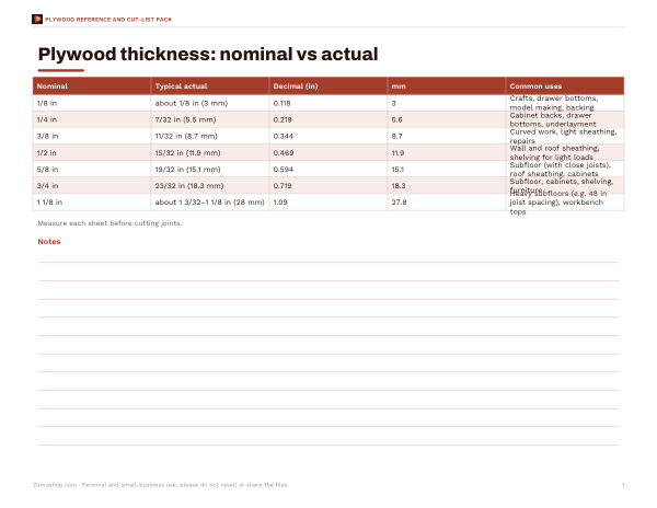Preview of Printable Plywood Thickness Chart